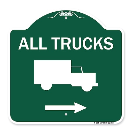 Trucks Sign All Trucks With Truck Symbol & Right Arrow, Green & White Aluminum Architectural Sign